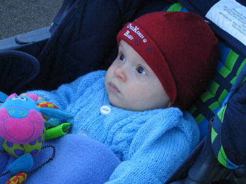 In the cold at Camden Airport (6 months old)